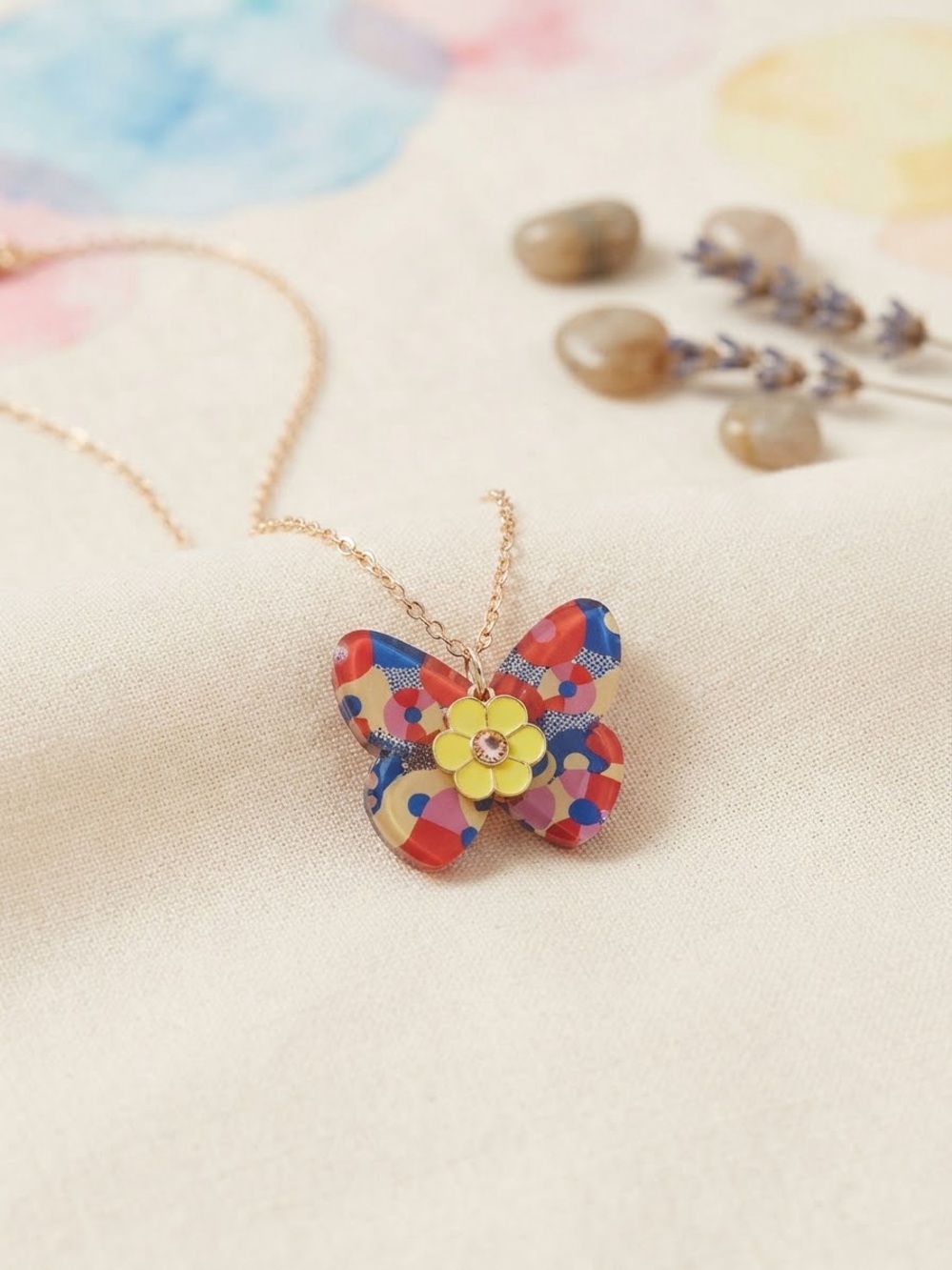 Kids Butterfly Pendant Necklace with Yellow Flower Accent